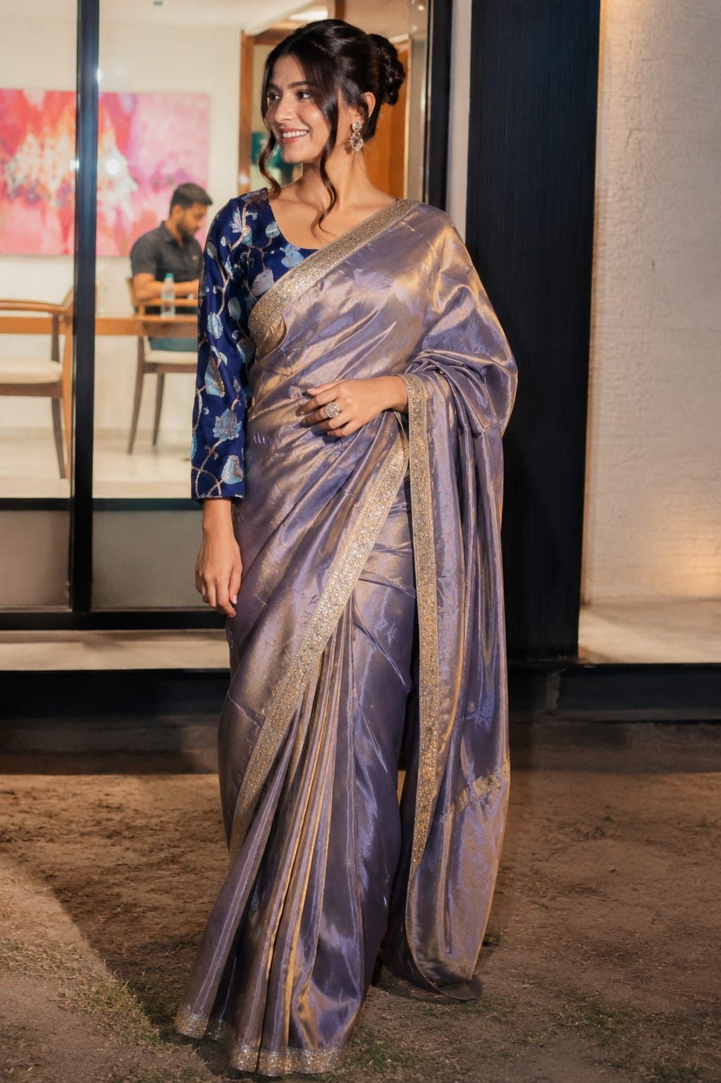 Blueish Grey Mist Kalamkari Saree